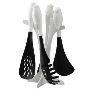 סט 4 כלי ששת עם סטנד QUALY ציפורים - לבן-0