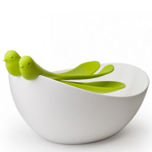 סט קערה וכפות הגשה לסלט QUALY ציפורים - לבן ירוק-0