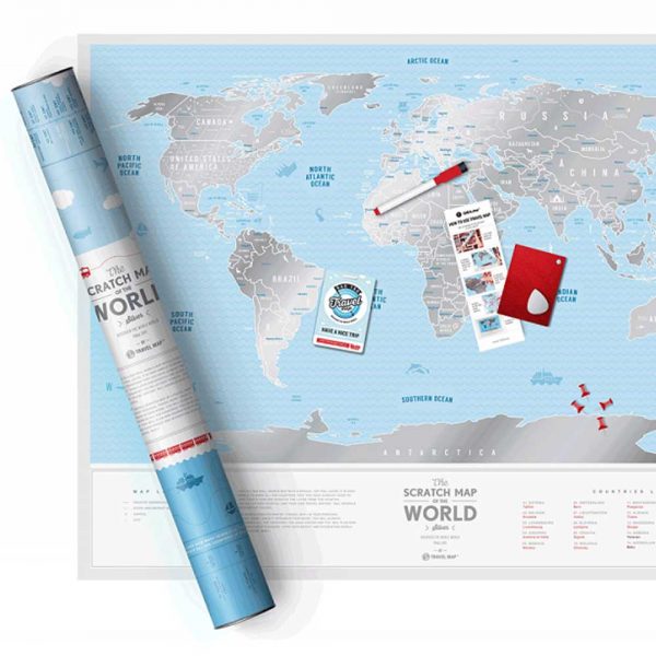 מפת עולם מתגרדת - כחול כסף Travel Map-34224