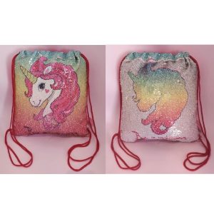 תיק שרוך פאייטים חד קרן שיער ורוד.-0