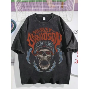 חולצת כותנה במידה אירופית היפ הופ הארלי דיוידסון גרפיקה גולגולת חולצת גברים מתרחבת עם שרוול קצר וצוואר עגול לנוער