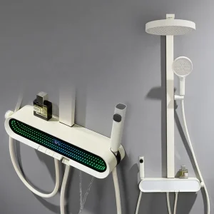 מקלחת חכמה לבית בצבע לבן עם מפל מים מודרני, ראש מקלחת תרמוסטטי עם פסנתר ומפתח דיגיטלי