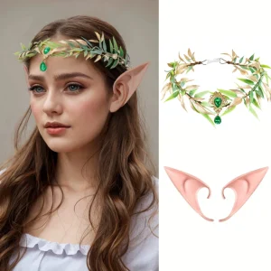 קשת לשיער בסגנון רטרו עם עלים, אבני חן, אוזני שדון, זר יער ארוג, טיארה, כיסוי ראש שדון לילדות, למשחקי תפקידים, תחפושות למסיבות