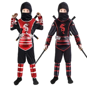 תחפושת נינג'ה סמוראי לילדים בצבע אדום עם ערכת נשק, תחפושת ליל כל הקדושים, תחפושת לוחם דרקון שחור, תחפושת קונג פו חדשה לבני...