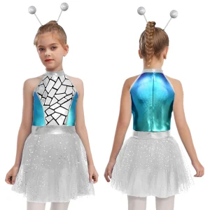 תחפושת רובוט חללית למסיבת נושא הלווין של נערות בני נוער עם רשת מבריקה מטאלית וטוטו עם חולצת שיער