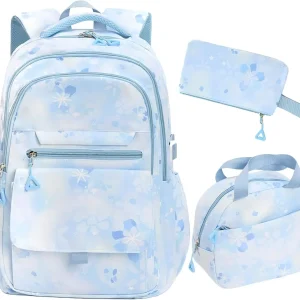 תיק גב לילדות עם פרחים, תיק ארוחת צהריים ומקרה לעטים, עמיד למים, תיק ספר לילדות לבית הספר היסודי (כחול)