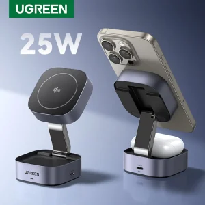 מעמד טעינה אלחוטי מגנטי UGREEN Qi2/Qi 15W 2 ב-1 לאייפון 16 17 פרו מקס/איירפודס, מטען מהיר MagSafe