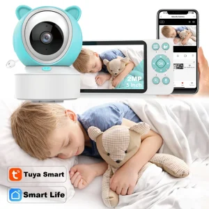מצלמת מוניטור לתינוקות Tuya Smart WiFi עם זיהוי צליל בוכה, אודיו ווידאו, PTZ אינפרא-אדום בגודל 5 אינץ', מצלמת מוניטור 1080P עם אפליקציית טלפון לצפייה מרחוק