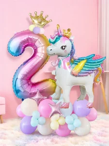 1/33 יחידות בלוני יומולדת יוניקורן בקשת, מספרים 0-9, נושא יוניקורן בקשת, יומולדת, מסיבת רחצה, קישוט לחדר
