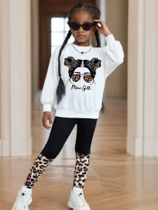 תלבושת סתיו לבנות: סווטשירט עם מחשוף עגול ושרוול ארוך ומכנסיים צמודים ב-9 נקודות, סט מודרני לבית ולשימוש יומיומי