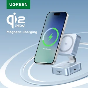 מטען אלחוטי מגנטי UGREEN Qi2.2 25W 15W 2 ב-1, מעמד טעינה מהירה לאייפון 16 17/AirPods, מטען Magflow