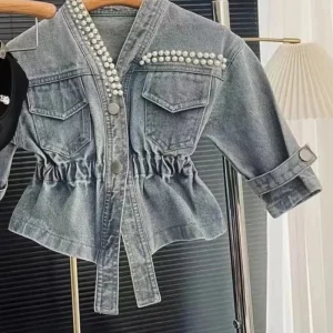 מעיל ג'ינס קוריאני לנערות לאביב 2025, בגדי ילדים חדשים עם חרוזי ציפורן, חולצת אוצר קצרה ומדויקת לנשים