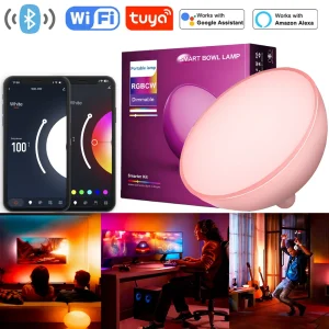 מנורת קערת לילה קטנה לשולחן Tuya WiFi+Bluetooth חכמה ניידת עם אפשרות לשליטה בעוצמת האור, תאורת אטמוספירה RGB לחדר שינה וחדר משחקים