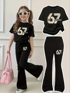 בנות בגילאי 4-12 שנים, סט מכנסיים קצרים עם אותיות ומספרים בסגנון וינטאג', חולצה קצרה בצבע שחור עם דוגמה בסגנון וינטאג' 67 שש שבע