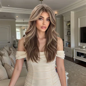 ויג שיער אנושי ארוך בינוני לנשים עם חום טבעי בגוון אומברה, חלק קדמי מתוך סינטטי