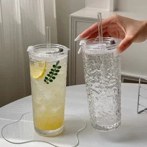 כוס קש גדולה קיבולת קיץ, כוס זכוכית יוקרתית לנשים למשרד עם מכסה, כוס לימונדה, כוס מיץ, כוס קפה