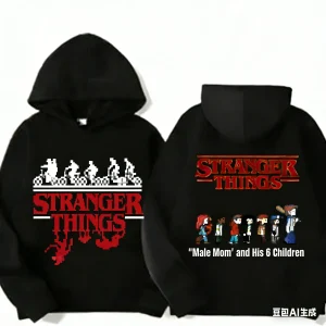 Potdemiel 3-12Y Stranger Things "אמא זוגית" ו-6 הילדים שלה הדפיסו קפוצ'ון ספורט קז'ואל לבנים בנות