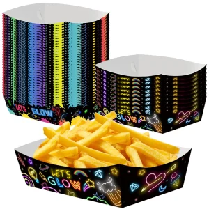 5/10/50 יחידות מגש מזון למסיבת נאון המאיר בחושך, מגש נייר לשימוש חד פעמי, סירת חטיפים המאירה בחושך, ציוד למסיבת יומולדת