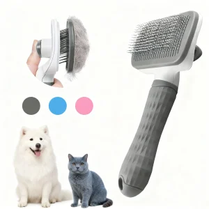 מברשת טיפוח לחיות מחמד עם ניקוי עצמי לכלבים וחתולים - מחט פלדת אל-חלד להסרת קשירת שיער צפה