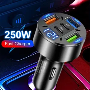 מטען רכב 250W עם 5 יציאות טעינה מהירה PD QC3.0 USB C לטלפון נייד, מתאם Type C לרכב עבור אייפון