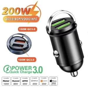 מטען רכב דו יציאות USB בהספק 200W עם טעינה מהירה לטלפון נייד לרכב Xiaomi Samsung Mini