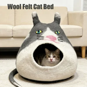 מיטת חתולים מצמר טהור בצורת צ'ינצ'ילה, בית חיות מחמד בעבודת יד, קן חם ונעים לחתולים ביתיים, מערת שינה לחורף לגורים