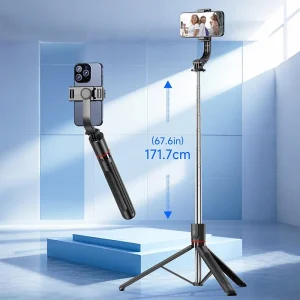 מקל סלפי אלחוטי לטלפון נייד עם מעמד נגד רעידות ומצלמה מתקפלת לאייפון, אנדרואיד וסמארטפון לצילום ולוג