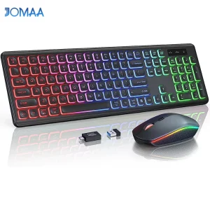 מקלדת ועכבר אלחוטיים עם תאורת RGB, אותיות מוארות נטענות, גודל מלא, ארגונומי, מצב שינה, 2.4GHz