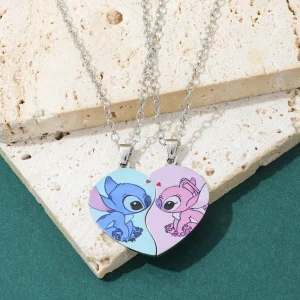 סט שרשרת זוגית Stitch & Angel מפלדת אל-חלד עם תליון לב מתאים לתכשיטי Y2K UV מתנה לחברים הכי טובים וזוגות