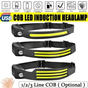 פנסי ראש LED עם 1/2/3 חוטים ו-5 מצבי תאורה, פנסי COB עם חיישן בהירות גבוהה, פנס חזק, טעינת USB