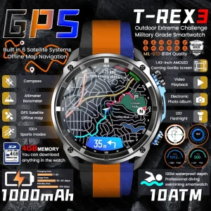 שעון חכם GPS צבאי חדש לגברים 2025 עם מפת GPS, מצפן T-Rex3, זיכרון בנפח 4GB, סוללה בנפח 1000mAh, עמיד במים עד 10ATM, שיחת Bluetooth באיכות HD