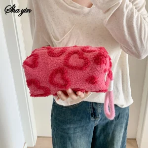 תיקי איפור מפוארים עם ידית, תיק אחסון קוסמטיקה נייד עם הדפס אהבה, מארגן עטים חמוד, תיק קלאץ'